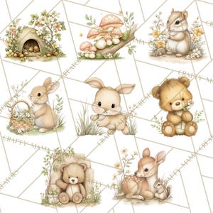 May include: A collection of watercolour illustrations featuring woodland animals such as a chipmunk, rabbit, bear, and deer. The images use soft colours, flowers, and a whimsical style, suitable for nursery decor or craft projects.