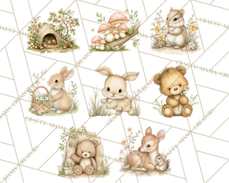 May include: A collection of watercolour illustrations featuring woodland animals such as a chipmunk, rabbit, bear, and deer. The images use soft colours, flowers, and a whimsical style, suitable for nursery decor or craft projects.