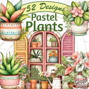 Könnte beinhalten: Digitale Illustration mit pastellfarbenen Pflanzen in dekorativen Töpfen. Das Bild zeigt ein Fenster mit Topfpflanzen, Fensterläden und den Text "52 Designs Pastel Plants". Das Gesamtthema ist ein botanisches und dekoratives Design.