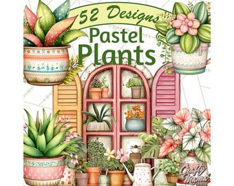 52 Png, Houseplant Clipart, Pastel Plant PNG, Potted Icons, Printable Gardening Art, Flat Vector, Hanging Basket, Shelf Decor