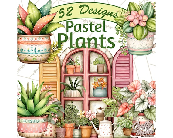 52 Png, Houseplant Clipart, Pastel Plant PNG, Potted Icons, Printable Gardening Art, Flat Vector, Hanging Basket, Shelf Decor