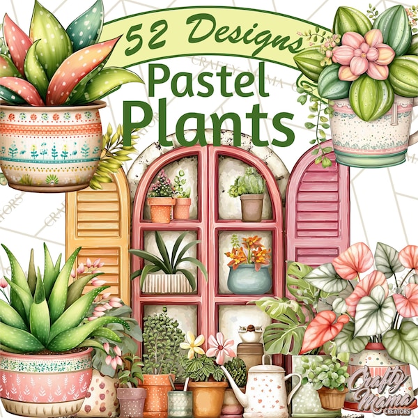 52 PNG, imágenes prediseñadas de plantas de interior, PNG de plantas en tonos pastel, iconos de macetas, arte de jardinería imprimible, vector plano, cesta colgante, decoración de estantes