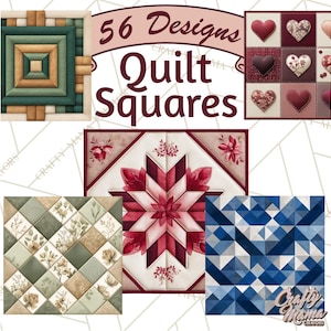 Könnte beinhalten: Das Bild zeigt verschiedene Quilt-Quadrat-Designs. Es gibt geometrische Formen, florale Motive und herzförmige Designs. Der Text "56 Designs Quilt Squares" ist zu sehen. Die Farbpalette umfasst Grün-, Rot-, Blau- und Neutraltöne, die eine Vielzahl von Quilt-Inspirationen bieten.