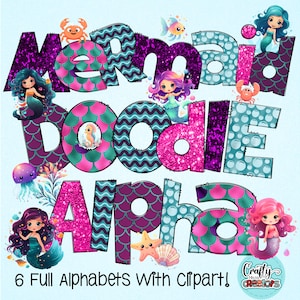 Mermaid Doodle Letters PNG Files, Sea Creature Doodle Alpha Bundle With Clipart, Ocean Clipart Alphabet Doodle Set PNG, Mermaid Doodle Art
