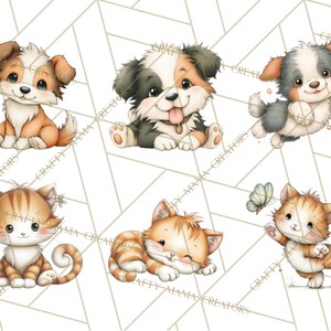 May include: Watercolor illustrations of adorable puppies and kittens. The puppies are in shades of brown, black, and white, while the kittens are orange and white. Each animal has large, expressive eyes and is in a playful pose.