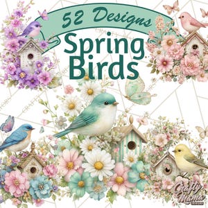 Könnte beinhalten: Ein digitales Design mit bunten Vögeln, Vogelhäusern, Schmetterlingen und Blumen. Der Text "52 Designs Spring Birds" ist auf einem grünen Banner zu sehen. Das Bild hat einen Aquarellstil mit sanften Pastellfarben, ideal für Frühlingsprojekte.