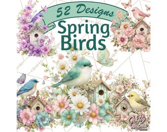 52 Png, Easter Birds Clipart, Watercolor Birdhouse Illustrations, Spring Cottage Birds, Floral Songbirds, Whimsical Bird Art