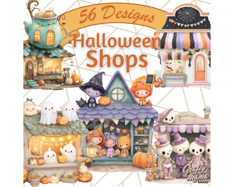 Peut inclure: Illustration &agrave; l'aquarelle repr&eacute;sentant plusieurs boutiques sur le th&egrave;me d'Halloween avec des designs fantaisistes. L'image comprend des fant&ocirc;mes de dessins anim&eacute;s, des citrouilles et des personnages costum&eacute;s. Le texte indique "56 Designs Halloween Shops."