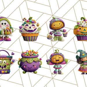 May include: A collection of whimsical Halloween-themed illustrations. The images feature various characters and objects, including a ghost, cupcakes, scarecrows, pumpkins, a cauldron, a bucket, and a witch, all in vibrant colors and playful designs.