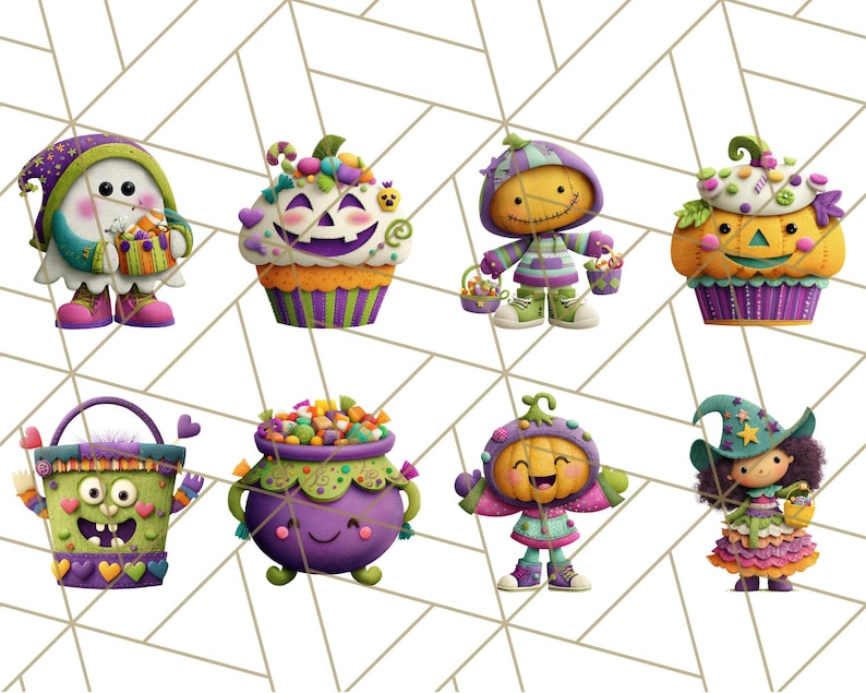 May include: A collection of whimsical Halloween-themed illustrations. The images feature various characters and objects, including a ghost, cupcakes, scarecrows, pumpkins, a cauldron, a bucket, and a witch, all in vibrant colors and playful designs.