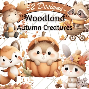 May include: Watercolor illustration featuring woodland creatures in autumn settings. Includes a moose with a jar, a raccoon with a cart, a fox, a squirrel in a pumpkin, and a bunny. The image has the text "52 Designs Woodland Autumn Creatures".
