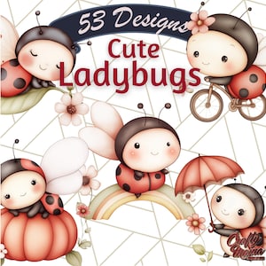 Imágenes prediseñadas de mariquitas adorables, ilustraciones de insectos adorables, mariquitas PNG caprichosas, gráficos de insectos de primavera, arte de criaturas de jardín, descarga digital