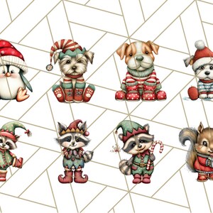May include: A collection of eight Christmas-themed illustrations featuring various animals. The images include a penguin, dogs, raccoons, and a squirrel, all dressed in festive attire like Santa hats and elf costumes. The background has a geometric pattern.