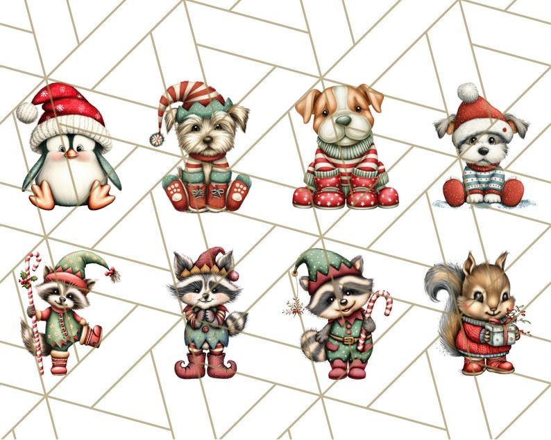 May include: A collection of eight Christmas-themed illustrations featuring various animals. The images include a penguin, dogs, raccoons, and a squirrel, all dressed in festive attire like Santa hats and elf costumes. The background has a geometric pattern.