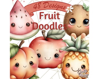 48 Png, Fruit Doodles Clipart, Cute Cartoon Fruit PNG, Kawaii Strawberry Watermelon Lemon Peach Orange Clip Art, Summer Fruit Illustrations