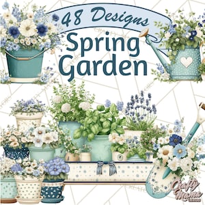 May include: Digital illustration featuring a collection of spring garden designs. The image showcases various potted plants and floral arrangements in shades of blue, white, and green. The text "48 Designs Spring Garden" is displayed at the top.
