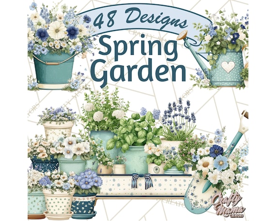 48 Png, Spring Garden Clipart, Watering Cans, Flower Pots, Gardening Tools PNG, Pastel Flowers, Printable Elements
