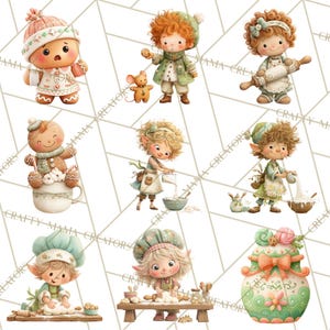 May include: Watercolor illustrations of whimsical gingerbread characters and baking elves. The images feature cute figures in festive attire, including hats and aprons, engaged in baking activities. The color palette includes soft pastels and warm tones.