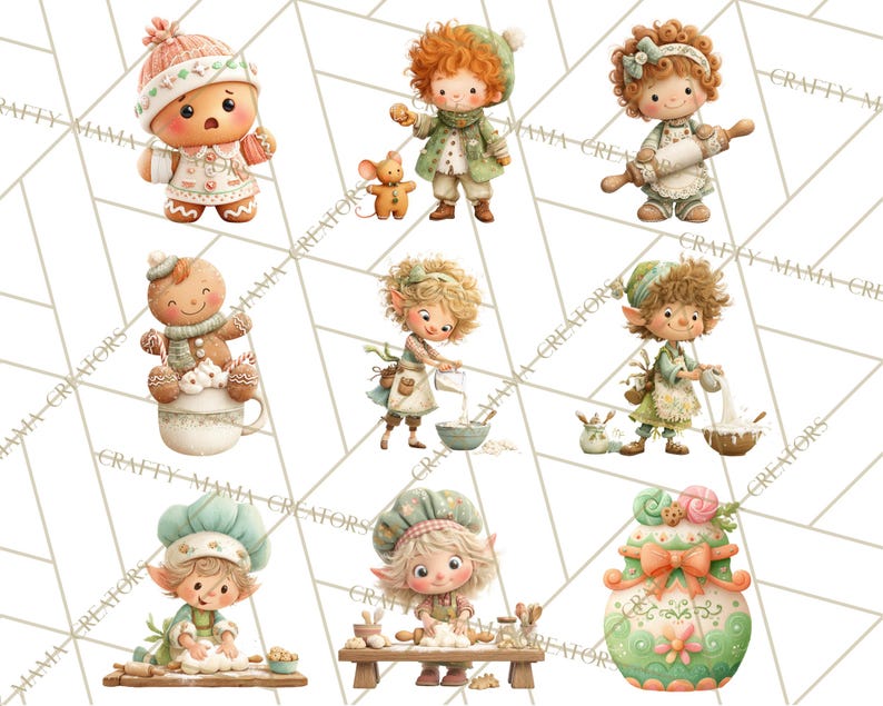 May include: Watercolor illustrations of whimsical gingerbread characters and baking elves. The images feature cute figures in festive attire, including hats and aprons, engaged in baking activities. The color palette includes soft pastels and warm tones.