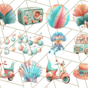 May include: A collection of vintage and modern illustrations in a pastel color palette. The illustrations include a retro radio, a beach ball, a seashell, a jellyfish, a food truck, a scooter, a hat, and a string of beach ball decorations.