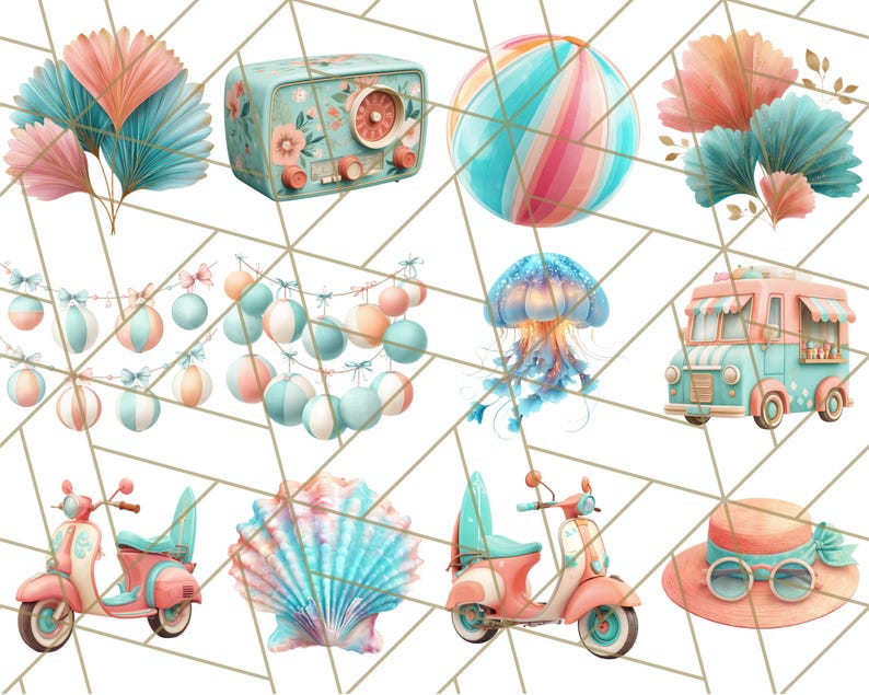 May include: A collection of vintage and modern illustrations in a pastel color palette. The illustrations include a retro radio, a beach ball, a seashell, a jellyfish, a food truck, a scooter, a hat, and a string of beach ball decorations.