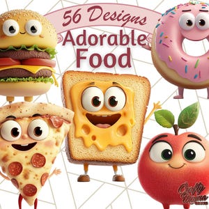 Cute Food PNG Clipart, Kawaii Foods with Big Eyes, Cute Snack Clip Art, Kawaii Food Bundle, Cute Cartoon Food PNG, Adorable Food Characters