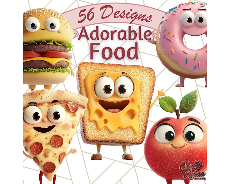 May include: 56 Designs Adorable Food - A collection of cute cartoon food characters, including a hamburger, pizza, slice of bread with cheese, donut, and apple.