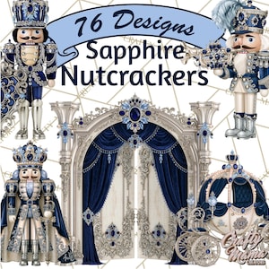 May include: A digital collection of 76 designs featuring sapphire nutcrackers, an ornate arched doorway with deep blue curtains, and a decorative carriage, all accented with intricate silver details and blue gemstone embellishments.