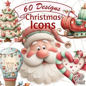 May include: A collection of 60 Christmas icons in a watercolor style. The image features Santa Claus, a Christmas tree, a sleigh, and a candy cane heart. The color palette includes red, green, and white.