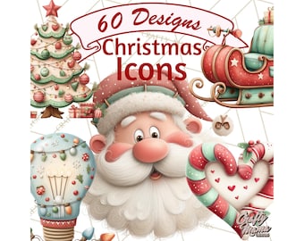 60 Png, Weihnachten Icons Clipart, Urlaub PNG-Elemente, süße Cartoon Weihnachten Clip Art, Zuckerstangen, Ornamente, Glocken, Holly, Schneeflocken
