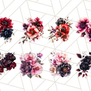 May include: Eight watercolor floral bouquets with pink, red, and dark purple flowers. The bouquets are arranged in a grid pattern on a white background with a geometric pattern.