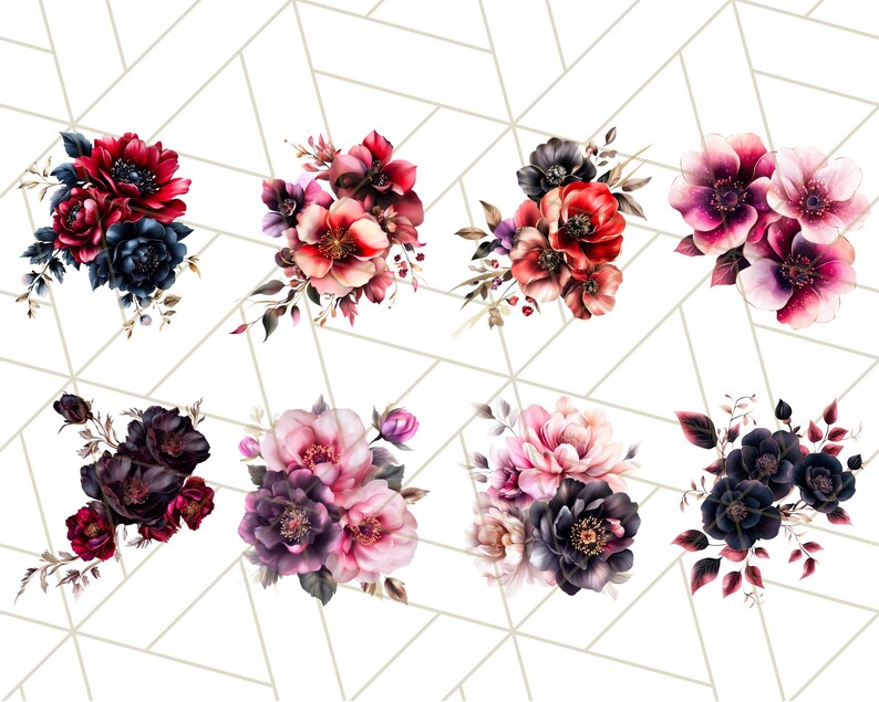 May include: Eight watercolor floral bouquets with pink, red, and dark purple flowers. The bouquets are arranged in a grid pattern on a white background with a geometric pattern.