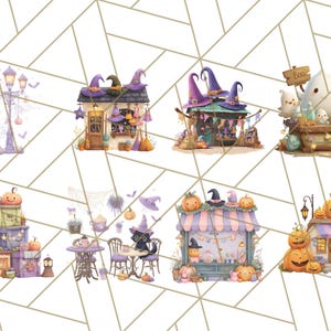 Peut inclure: Illustrations &agrave; l'aquarelle sur le th&egrave;me d'Halloween. L'image pr&eacute;sente divers &eacute;l&eacute;ments, notamment des chapeaux de sorci&egrave;re, des citrouilles, des fant&ocirc;mes et des devantures d&eacute;coratives. La palette de couleurs comprend des nuances de violet, d'orange et de vert.