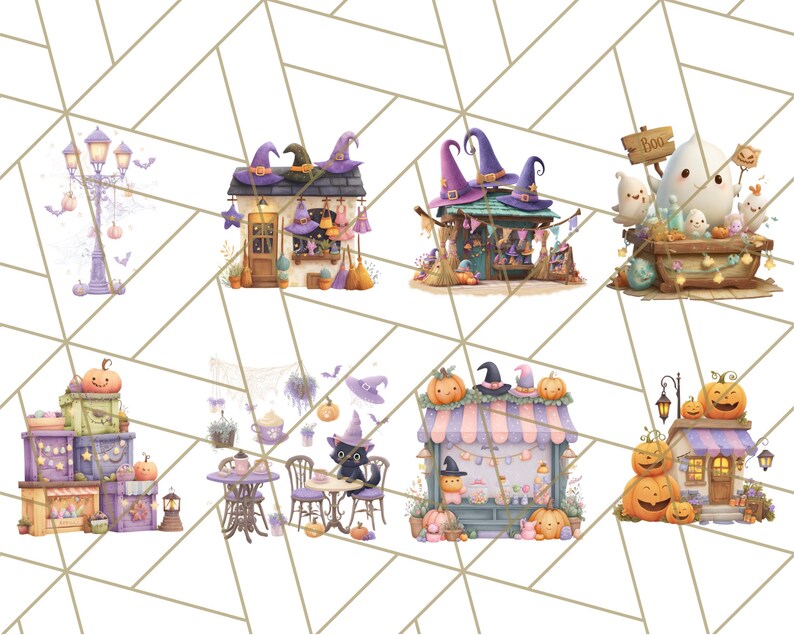 Peut inclure: Illustrations &agrave; l'aquarelle sur le th&egrave;me d'Halloween. L'image pr&eacute;sente divers &eacute;l&eacute;ments, notamment des chapeaux de sorci&egrave;re, des citrouilles, des fant&ocirc;mes et des devantures d&eacute;coratives. La palette de couleurs comprend des nuances de violet, d'orange et de vert.
