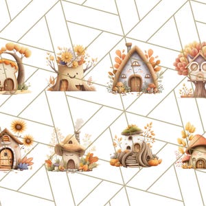 May include: A collection of watercolour illustrations depicting charming fairy houses. The houses are in various shapes and sizes, with autumnal colours like orange, brown, and yellow. Details include flowers, trees, and mushroom accents. The background is a white geometric pattern.