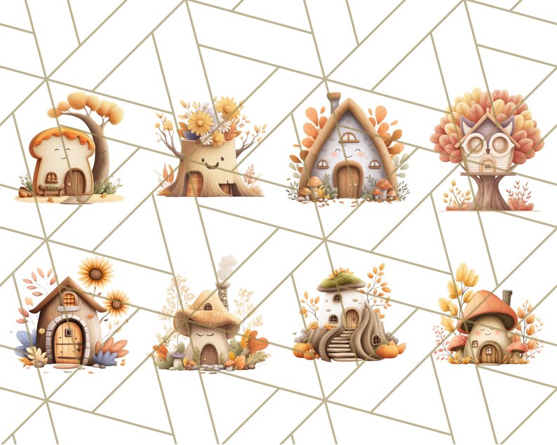 May include: A collection of watercolour illustrations depicting charming fairy houses. The houses are in various shapes and sizes, with autumnal colours like orange, brown, and yellow. Details include flowers, trees, and mushroom accents. The background is a white geometric pattern.