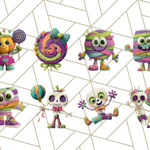 May include: A collection of whimsical Halloween-themed characters. The characters include a pumpkin, a lollipop, a mummy, a skeleton, and a wrapped candy figure. Each character is brightly colored with a unique design and expression. The background is a white geometric pattern.
