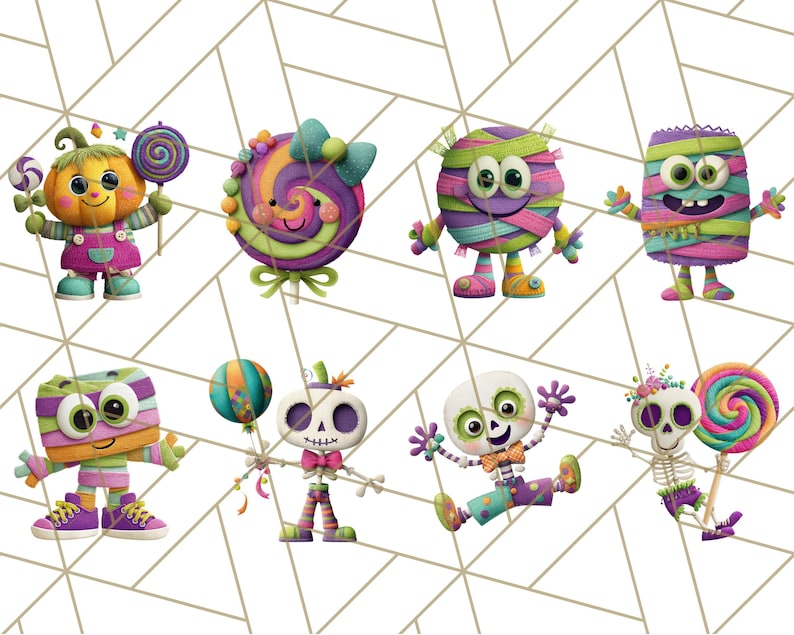 May include: A collection of whimsical Halloween-themed characters. The characters include a pumpkin, a lollipop, a mummy, a skeleton, and a wrapped candy figure. Each character is brightly colored with a unique design and expression. The background is a white geometric pattern.