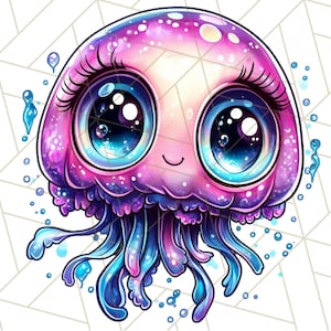 Pu&ograve; includere: Un'illustrazione di cartone animato di una medusa rosa e viola con grandi occhi blu e una bocca sorridente. La medusa ha lunghi tentacoli fluttuanti che sono blu e viola.