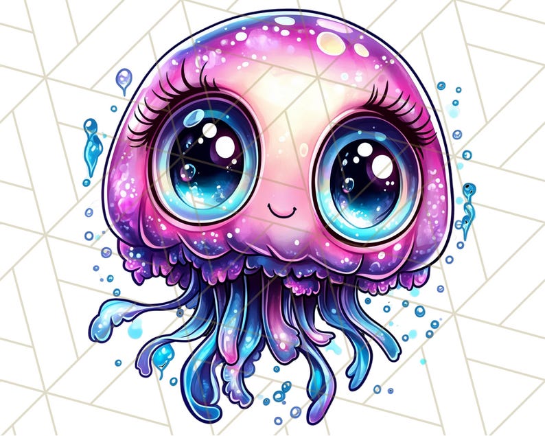 Pu&ograve; includere: Un'illustrazione di cartone animato di una medusa rosa e viola con grandi occhi blu e una bocca sorridente. La medusa ha lunghi tentacoli fluttuanti che sono blu e viola.