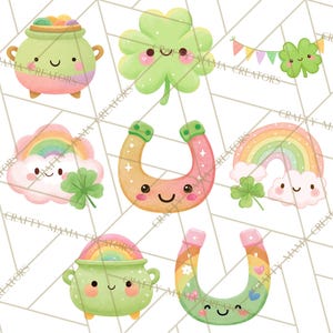 May include: A collection of watercolour illustrations featuring St. Patrick's Day symbols. The image includes a pot of gold, shamrocks, rainbows, and horseshoes, all with smiling faces. The colours are green, orange, pink, and yellow.