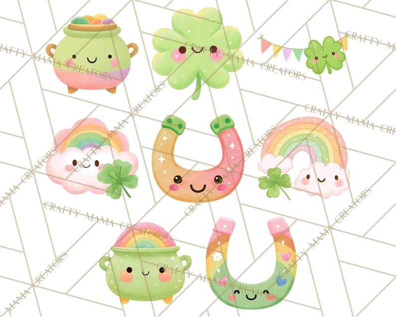 May include: A collection of watercolour illustrations featuring St. Patrick's Day symbols. The image includes a pot of gold, shamrocks, rainbows, and horseshoes, all with smiling faces. The colours are green, orange, pink, and yellow.