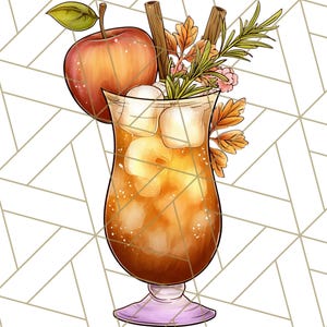 May include: A digital illustration of an apple cider cocktail in a tall glass. The drink is garnished with an apple slice, cinnamon sticks, and fall foliage. Ice cubes are visible in the drink. The background is a white and gold geometric pattern.