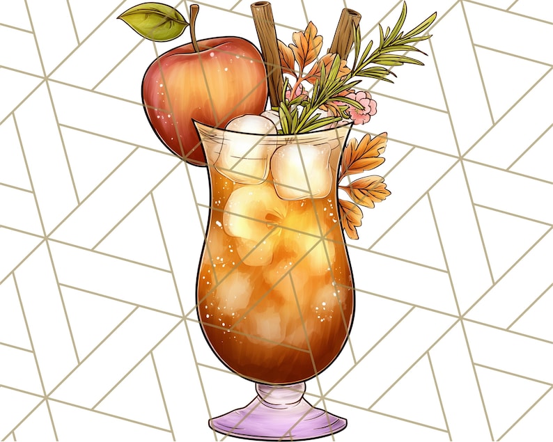 May include: A digital illustration of an apple cider cocktail in a tall glass. The drink is garnished with an apple slice, cinnamon sticks, and fall foliage. Ice cubes are visible in the drink. The background is a white and gold geometric pattern.