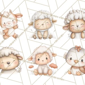 Peut inclure: Six illustrations &agrave; l'aquarelle d'animaux de la ferme, dont une vache, un mouton et un poussin. Les animaux de style cartoon ont des couleurs douces et des expressions amicales. L'arri&egrave;re-plan pr&eacute;sente un motif g&eacute;om&eacute;trique. Illustrations charmantes.