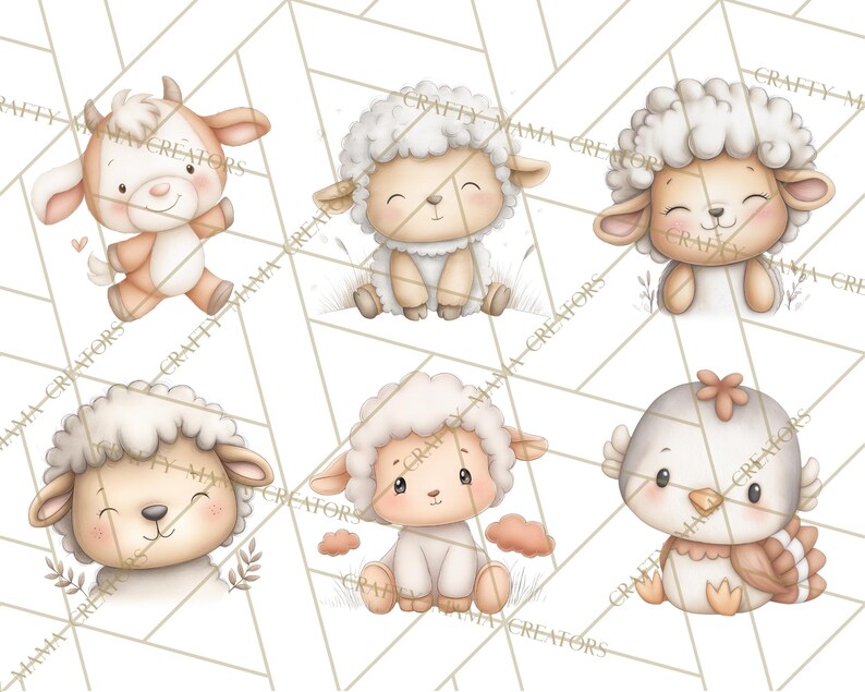 Peut inclure: Six illustrations &agrave; l'aquarelle d'animaux de la ferme, dont une vache, un mouton et un poussin. Les animaux de style cartoon ont des couleurs douces et des expressions amicales. L'arri&egrave;re-plan pr&eacute;sente un motif g&eacute;om&eacute;trique. Illustrations charmantes.