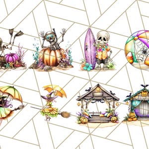 May include: A collection of whimsical Halloween-themed illustrations. The images include skeletons in various settings, such as diving, surfing, and relaxing. Other images include a witch flying on a broom, a decorative umbrella, and a haunted house.