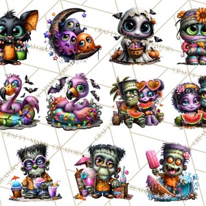 May include: A collection of whimsical Halloween-themed illustrations. The images feature cute cartoon characters such as a bat, ghosts, a mummy, flamingos, and Frankenstein's monster. Each character is rendered in vibrant colors and detailed designs, perfect for stickers or prints.