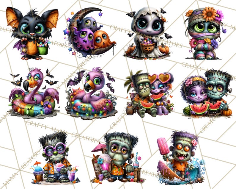 May include: A collection of whimsical Halloween-themed illustrations. The images feature cute cartoon characters such as a bat, ghosts, a mummy, flamingos, and Frankenstein's monster. Each character is rendered in vibrant colors and detailed designs, perfect for stickers or prints.