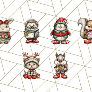 May include: Watercolor illustrations of six adorable Christmas-themed animals. A bunny, hedgehog, penguin, squirrel, and two other squirrels are dressed in festive sweaters, hats, and scarves. The background is a white geometric pattern.
